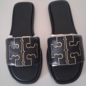 Tory Burch Double T Sport Slide Sandals Perfect Black/Gold Size 5.5